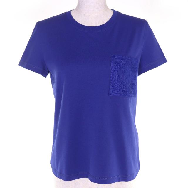 極美品△HERMES エルメス 23SS 3E4620DL コットン100％ Hロゴ刺繍ポケット クルーネック 半袖Ｔシャツ ブルー 36 仏製 正規品 レディース