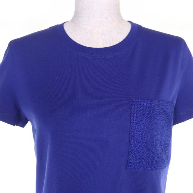 極美品△HERMES エルメス 23SS 3E4620DL コットン100％ Hロゴ刺繍ポケット クルーネック 半袖Ｔシャツ ブルー 36 仏製 正規品 レディース_3