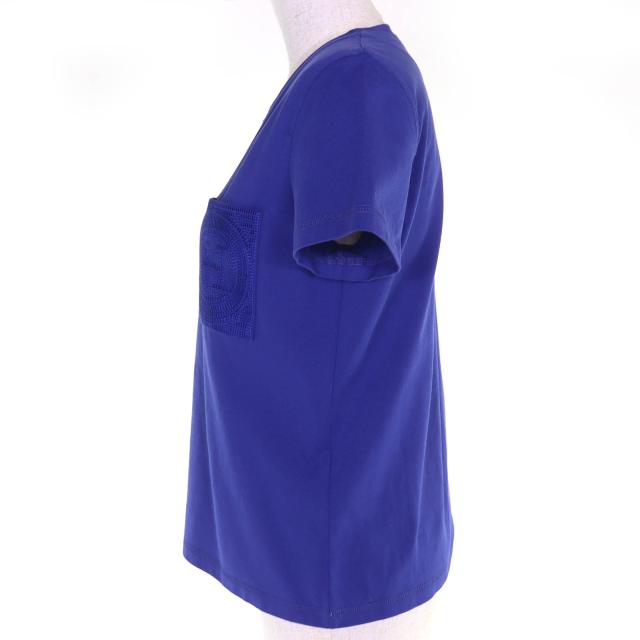 極美品△HERMES エルメス 23SS 3E4620DL コットン100％ Hロゴ刺繍ポケット クルーネック 半袖Ｔシャツ ブルー 36 仏製 正規品 レディース_1