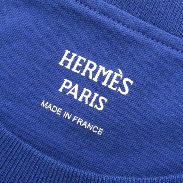 極美品△HERMES エルメス 23SS 3E4620DL コットン100％ Hロゴ刺繍ポケット クルーネック 半袖Ｔシャツ ブルー 36 仏製 正規品 レディース_5
