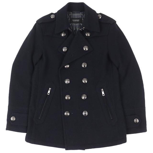 美品△BURBERRY BLACK LABEL バーバリーブラックレーベル 裏チェック ロゴメタルボタン 中綿 ウール ピーコート ダークネイビー M 正規品