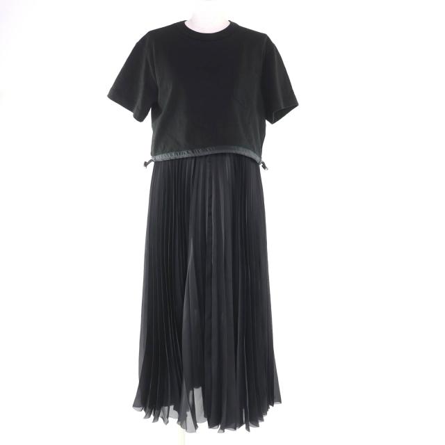 極美品★Sacai サカイ 23AW 23-06835 Cotton Jersey x Satin Dress レイヤードデザイン プリーツ ロングワンピース ブラック 2 正規品