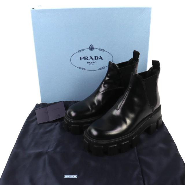 極美品△PRADA プラダ 1T725L モノリス ブラッシュドレザー チェルシーブーツ サイドゴア ショートブーツ ブラック 35.5 保存袋付き 伊製