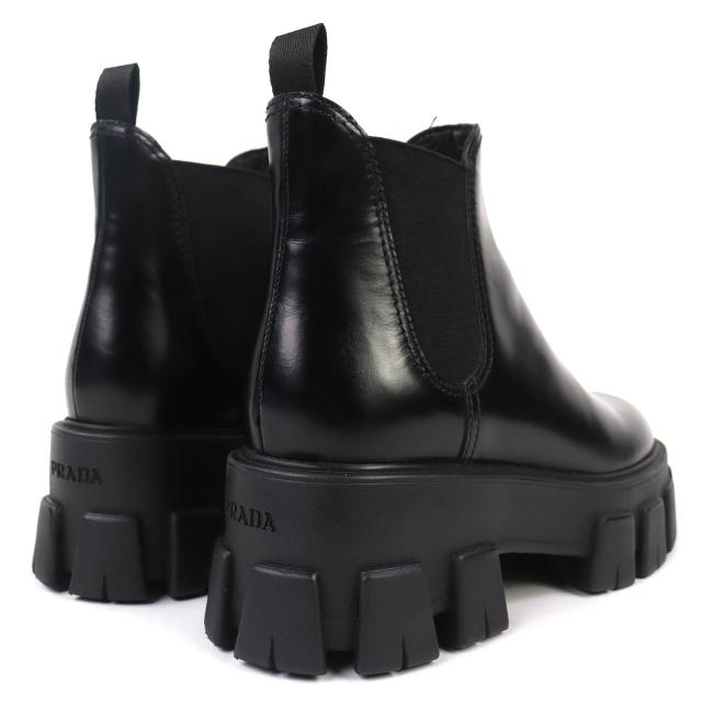 極美品△PRADA プラダ 1T725L モノリス ブラッシュドレザー チェルシーブーツ サイドゴア ショートブーツ ブラック 35.5 保存袋付き 伊製