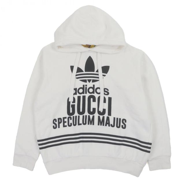 未使用品▼GUCCI adidas グッチ アディダス 23SS 717427 コットン100% ロゴプリント プルオーバー パーカー ホワイト S 正規品 メンズ