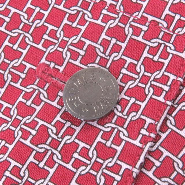 美品□HERMES エルメス コットン100％ シェーヌダンクル 総柄 袖口セリエボタン 長袖シャツ レッド 41 フランス製 正規品 メンズ_3