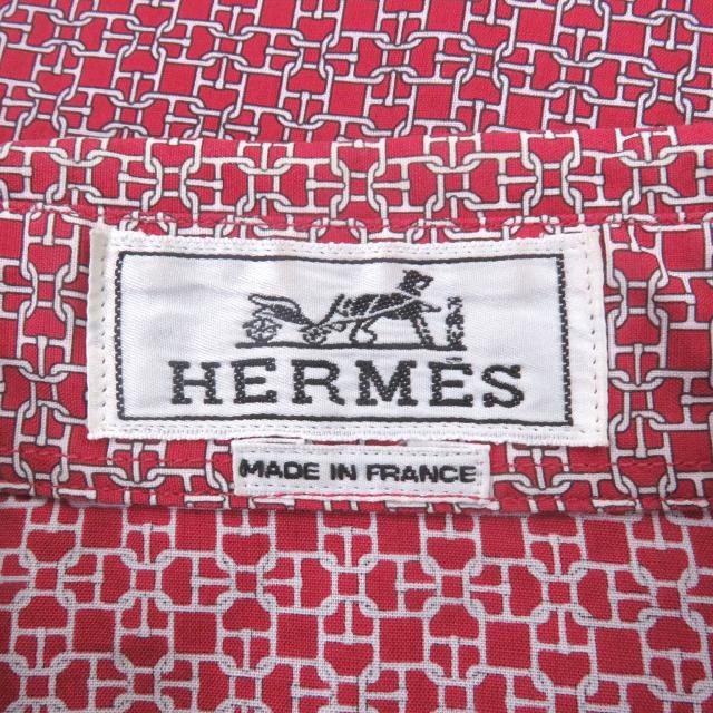美品□HERMES エルメス コットン100％ シェーヌダンクル 総柄 袖口セリエボタン 長袖シャツ レッド 41 フランス製 正規品 メンズ_5