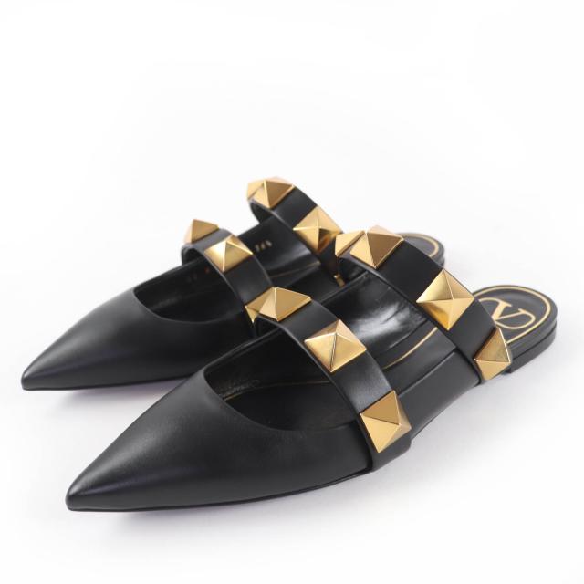 未使用品☆Valentino Garavani ヴァレンティノガラヴァーニ ローマンスタッズ フラット レザー ミュール ブラック 36.5 伊製 レディース