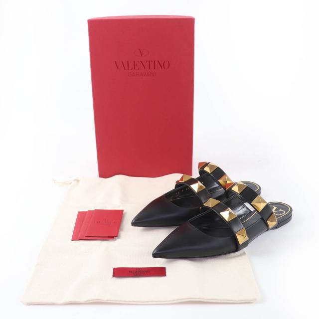 未使用品☆Valentino Garavani ヴァレンティノガラヴァーニ ローマンスタッズ フラット レザー ミュール ブラック 36.5 伊製 レディース