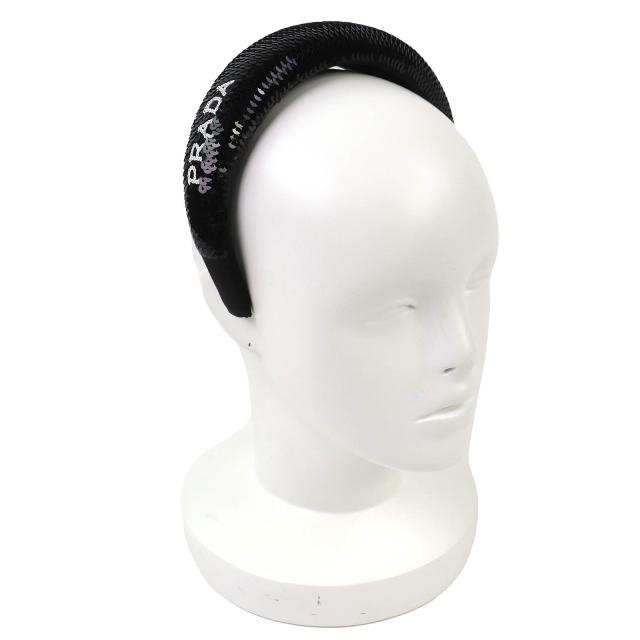 極美品△PRADA プラダ 1IH019 ロゴ スパンコール カチューシャ ヘアバンド ヘッドバンド ヘアアクセサリー ブラック レディース オススメ_1