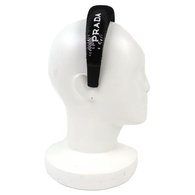 極美品△PRADA プラダ 1IH019 ロゴ スパンコール カチューシャ ヘアバンド ヘッドバンド ヘアアクセサリー ブラック レディース オススメ_2