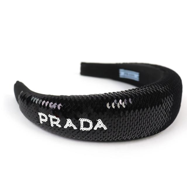 極美品△PRADA プラダ 1IH019 ロゴ スパンコール カチューシャ ヘアバンド ヘッドバンド ヘアアクセサリー ブラック レディース オススメ
