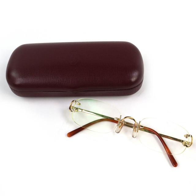 美品△Cartier カルティエ リムレス ツーポイント メガネ 眼鏡 アイウェア ブラウン ゴールド金具 □20 135 度入り ケース付 フランス製_1