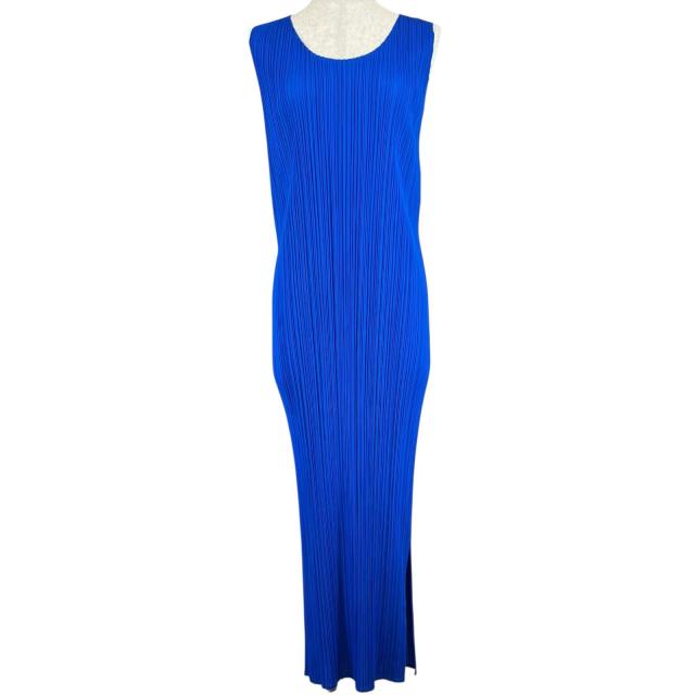 極美品▲PLEATS PLEASE プリーツプリーズ イッセイミヤケ PP11-JH201 ロング丈 ノースリ ワンピース ブルー 2 日本製 正規品 レディース