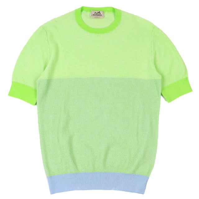 極美品△HERMES エルメス コットン100% クルーネック バイカラー 半袖ニット ライトグリーン ライトブルー XS イタリア製 メンズ