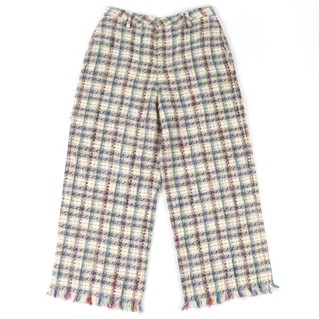 極美品△ETRO エトロ 211-14096-1579 コットン チェック柄 裾フリンジ ツイード パンツ ベージュ マルチカラー 42 伊製 正規品 メンズ