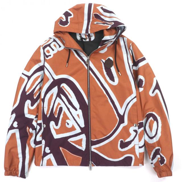 極美品▼BERLUTI ベルルッティ R22OBU84 PRINTED SILK SCRITTO B-WAY シルク100% レザーロゴパッチ ZIPUP ジャケット パーカー 46 正規品