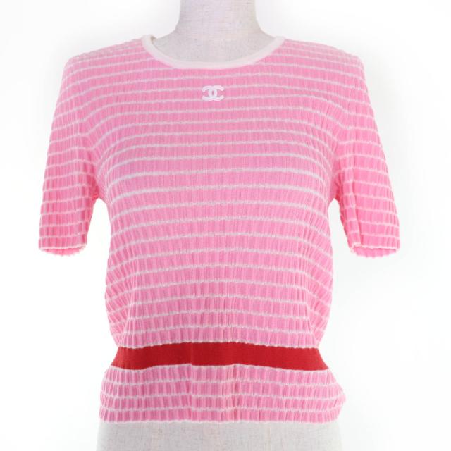極美品☆CHANEL シャネル 24P P76857K11060 コットン ココマーク ショートスリーブ 半袖ニット ピンク 36 イタリア製 正規品 レディース