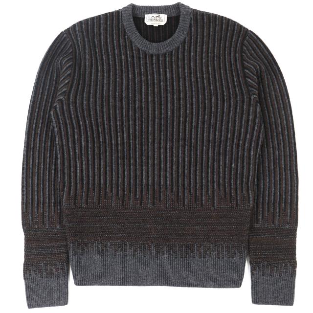 未使用品△HERMES エルメス ウール カシミヤ ストライプ柄 長袖 ニット セーター グレー ブラウン ブラック M イタリア製 メンズ