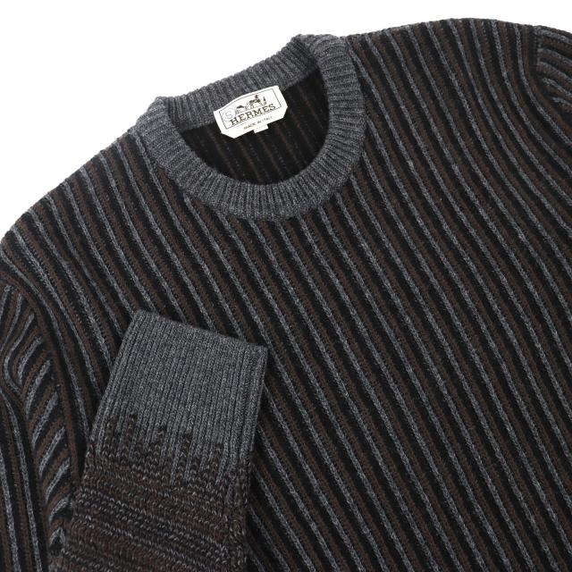 未使用品△HERMES エルメス ウール カシミヤ ストライプ柄 長袖 ニット セーター グレー ブラウン ブラック M イタリア製 メンズ_2