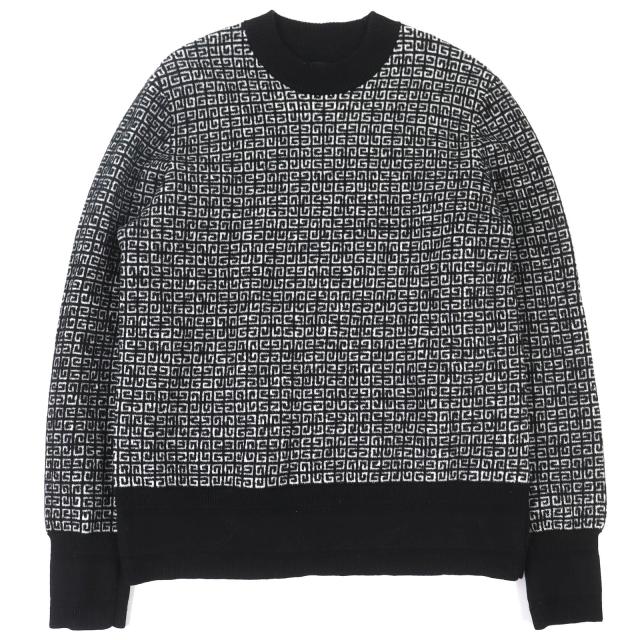 美品△GIVENCHY ジバンシィ BM90H84Y9F ウール 4G ロゴ総柄 長袖 ニット セーター ブラック ホワイト S 正規品 メンズ オススメ◎