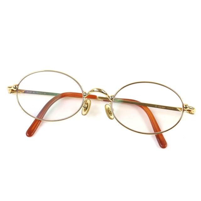 美品△Cartier カルティエ ヴィンテージ トリニティ オーバル メガネ 眼鏡 アイウェア ゴールド ブラウン 47□19 130 度入り 仏製 メンズ 42,900円