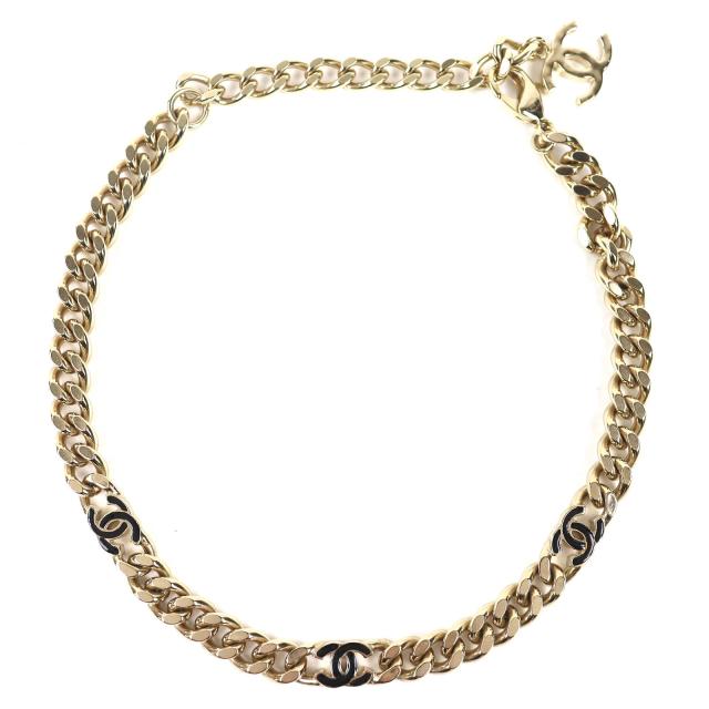 美品△CHANEL シャネル B22S AB8298 3連ココマーク 喜平 チェーンネックレス チョーカー アクセサリー ゴールド ブラック イタリア製
