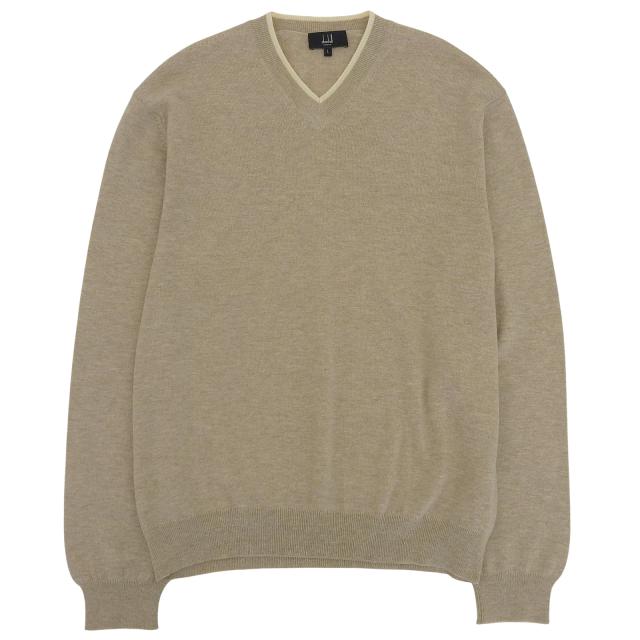 極美品▲Dunhill ダンヒル メリノウール100％ Vネック ロングスリーブ 長袖ニット セーター ベージュ L 正規品 メンズ オススメ◎