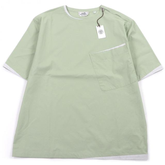未使用品□HERMES エルメス 21SS コットン100％ ジップデザイン ショートスリーブ カットソー ライトグリーン 41 フランス製 正規品