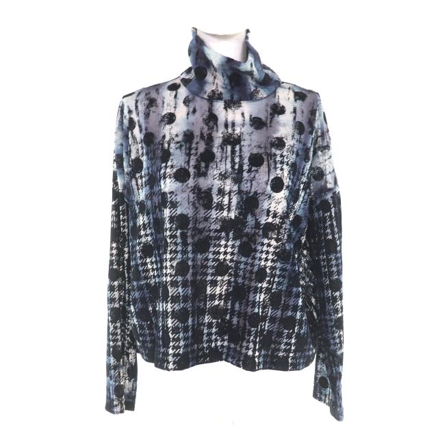 極美品★Y’s ワイズ YM-T20-676 千鳥格子 水玉 フロッキープリント ハイネック 長袖 トップス ネイビー ブラック 2 日本製 正規品