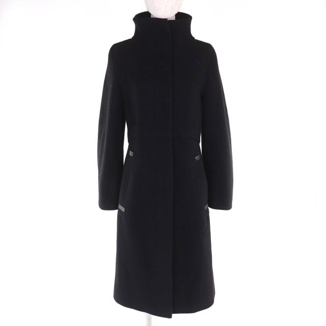 極美品△Brioni ブリオーニ 135123 カシミヤ100％ 一部レザー使 スタンドカラー ロングコート ダークブラウン 42 伊製 正規品 レディース