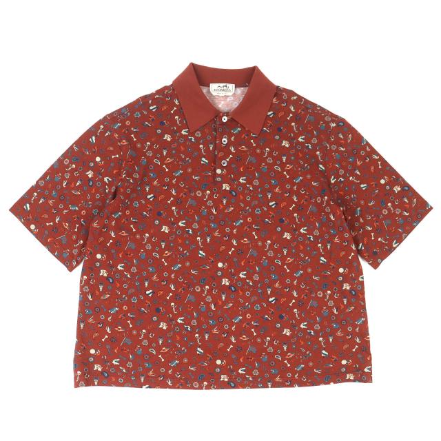極美品△HERMES エルメス 22AW 22-5761 コットン100％ 総柄デザイン 半袖ポロシャツ ブラウン L 正規品 メンズ