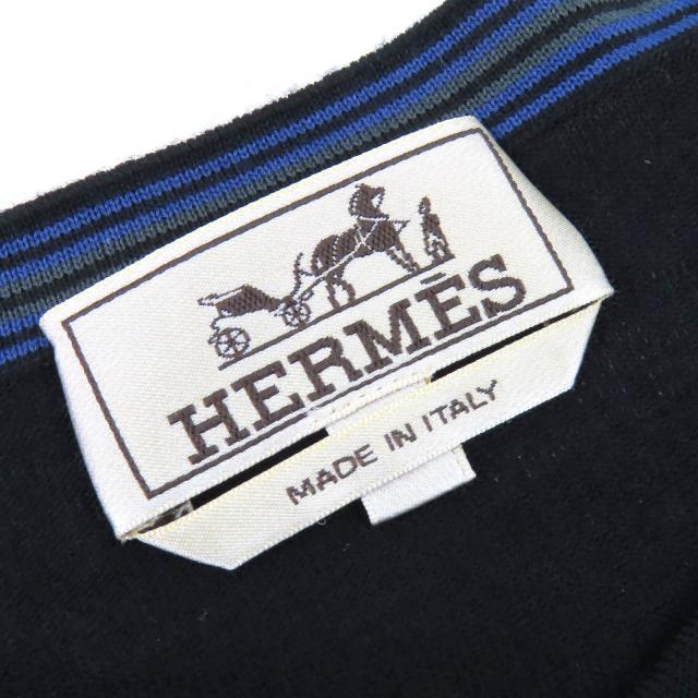 極美品△HERMES エルメス ウール100％ クルーネック ラインデザイン 半袖ニット ブラック XS イタリア製 メンズ_4