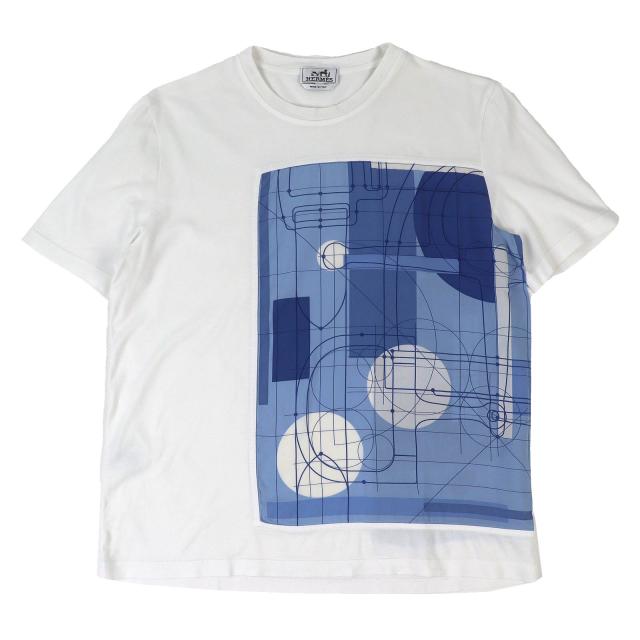 極美品△HERMES エルメス 20SS コットン100％ クルーネック シルクプリント ドッキング 半袖Ｔシャツ ホワイト ブルー L イタリア製 レディース 極美品△HERMES エルメス 20SS コットン100% クルーネック シルク