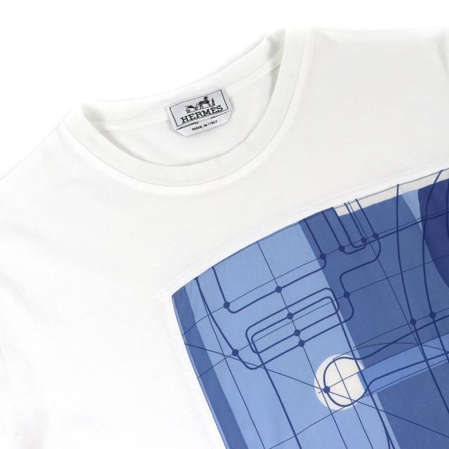 極美品△HERMES エルメス 20SS コットン100％ クルーネック シルクプリント ドッキング 半袖Ｔシャツ ホワイト ブルー L イタリア製 レディース 極美品△HERMES エルメス 20SS コットン100% クルーネック シルク