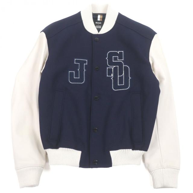 美品□BOSS SHOHEI OHTANI ボス ショウヘイ オオタニ 大谷翔平 袖レザー ボンバージャケット スタジャン ネイビー ホワイト 44 正規品