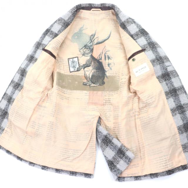 極美品▼ETRO エトロ アルパカ ウール チェック柄 ロゴ入りボタン チェスターコート ライトグレー ブラウン 46 イタリア製 正規品 メンズ_3