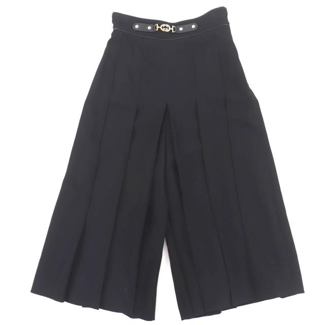 極美品◇GUCCI グッチ 596968 レザー使い インターロッキングG ホースビット プリーツ パンツ ブラック 36 イタリア製 正規品 レディース