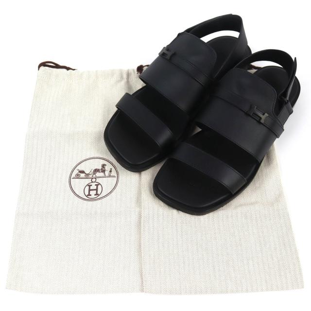 美品△HERMES エルメス 23SS H231741Z ジャコモ Hロゴ アンクルストラップ レザー コンフォートサンダル ブラック 43 イタリア製 メンズ_1