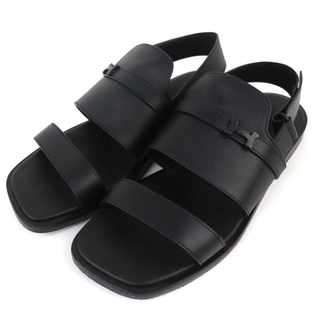 美品△HERMES エルメス 23SS H231741Z ジャコモ Hロゴ アンクルストラップ レザー コンフォートサンダル ブラック 43 イタリア製 メンズ