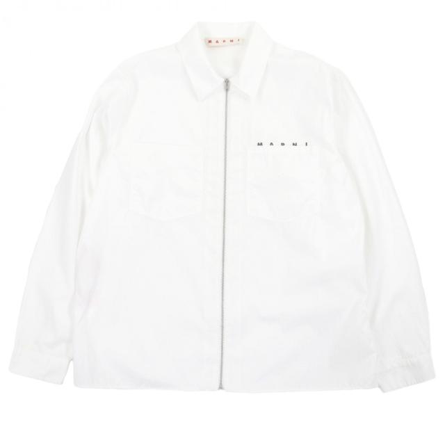 極美品□MARNI マルニ 25AW CUMU0297P0 ロゴプリント ジップアップ 長袖 ロングスリーブ シャツジャケット ホワイト 46 正規品 メンズ