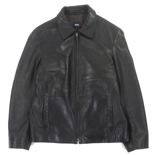 良品▼HUGO BOSS ヒューゴボス ラムレザー ダブルジップアップ ブルゾン ライダースジャケット ダークブラウン 48 メンズ