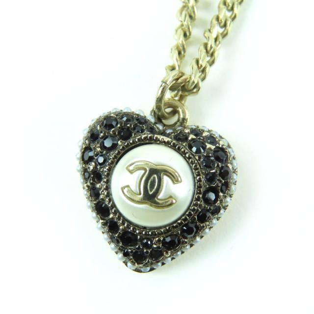 極美品☆CHANEL シャネル F22B ココマーク ラインストーン フェイクパール ハート ネックレス ゴールド 箱・保存袋付 フランス製