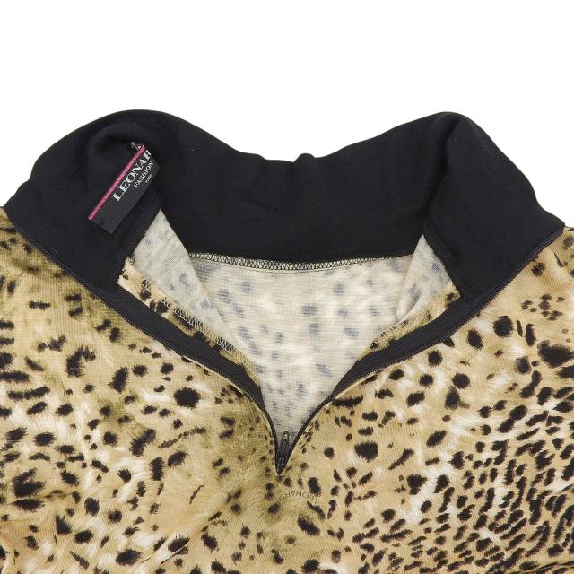 極美品▲LEONARD レオナール ウール シルク ベルト付 レオパード柄 ハイネック ロングスリーブ 長袖ニット LL 日本製 正規品 レディース_4