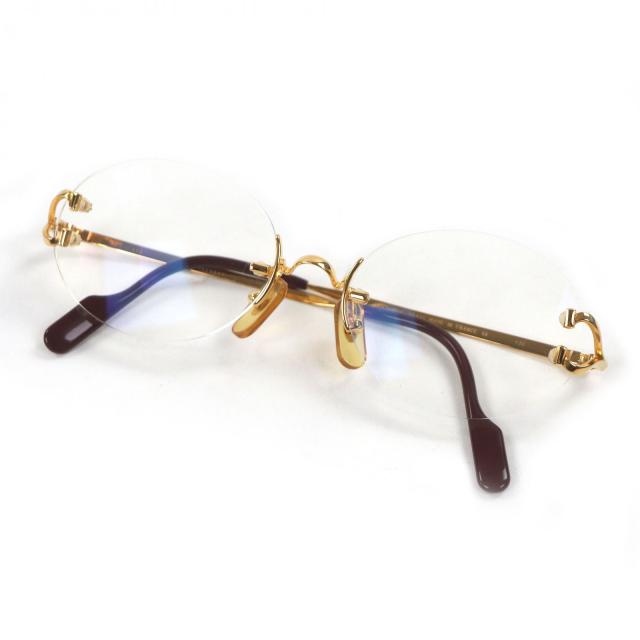 美品□Cartier カルティエ Cロゴ オーバルレンズ ツーポイント リムレス メガネ 眼鏡 アイウェア ゴールド ボルドー □16 度入り 仏製