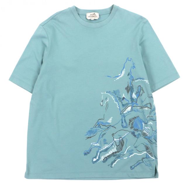 美品▼HERMES エルメス 22SS 21-5757 カヴァルカード コットン100% クルーネック ショートスリーブ 半袖Ｔシャツ ブルー M 正規品 メンズ
