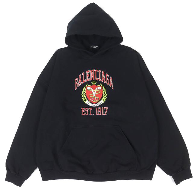 美品△BALENCIAGA バレンシアガ 22SS 674986 コットン100％ ユーズド加工 カレッジロゴプリント パーカー ブラック 2 正規品 メンズ