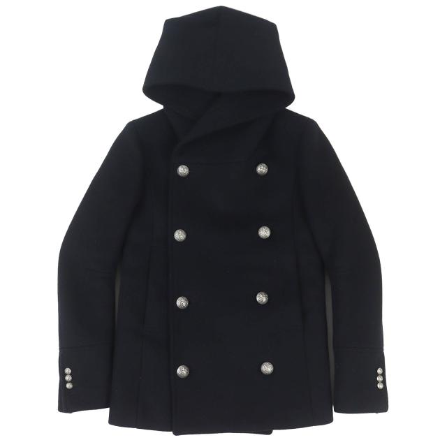 美品△BALMAIN バルマン W5HT862D162 ウール100％ エンブレムボタン 中綿入り フーデッド Pコート ピーコート ブラック 44 仏製 正規品