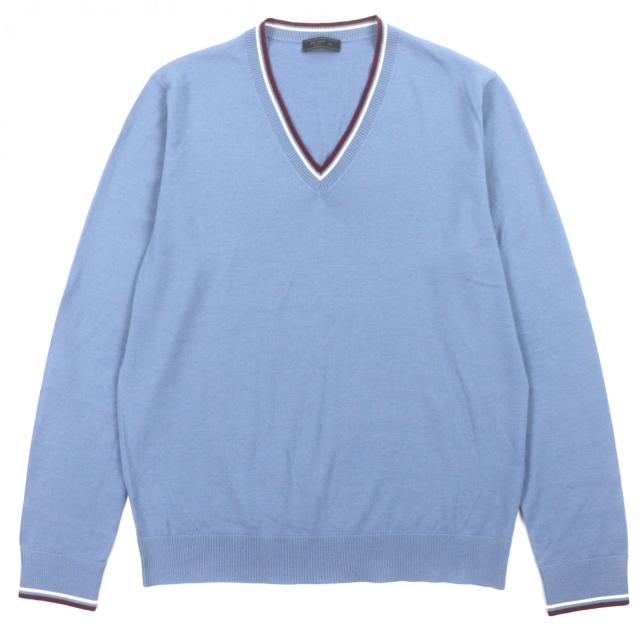 美品▼PRADA プラダ UMA793 ウール シルク Vネック ラインデザイン 薄手 ハイゲージニット セーター ブルー 52 イタリア製 正規品 メンズ