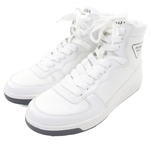 極美品□PRADA プラダ 1T638M トライアングルロゴ 三角ロゴ ハイカットスニーカー レザーシューズ ホワイト 6 メンズ オススメ◎